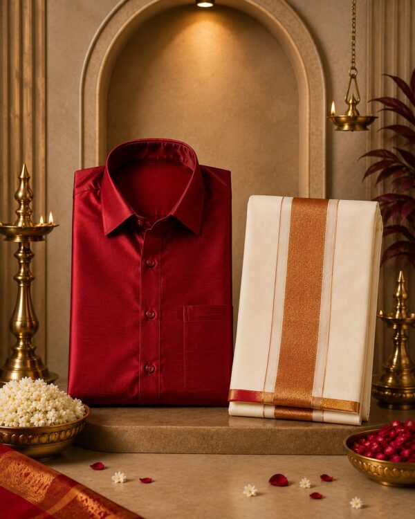Crimson Heritage Silk Shirt & Dhoti Set